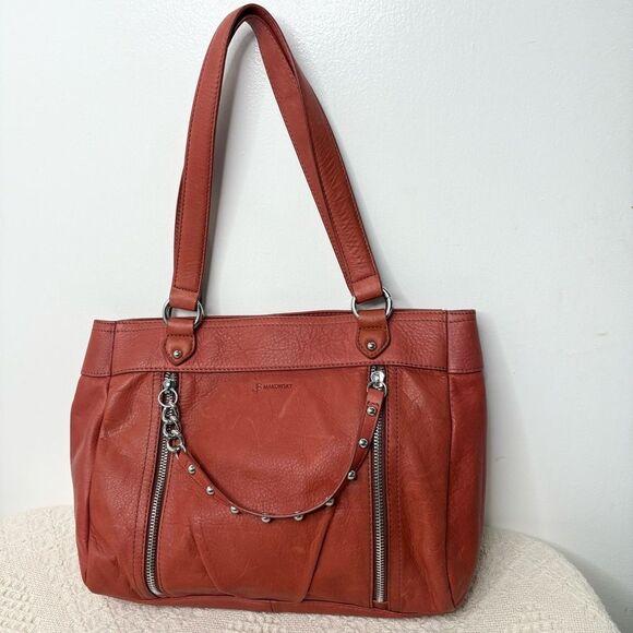 B Makowsky Coral Red Rust Leather Tote Shoulder Bag - Picture 1 of 8